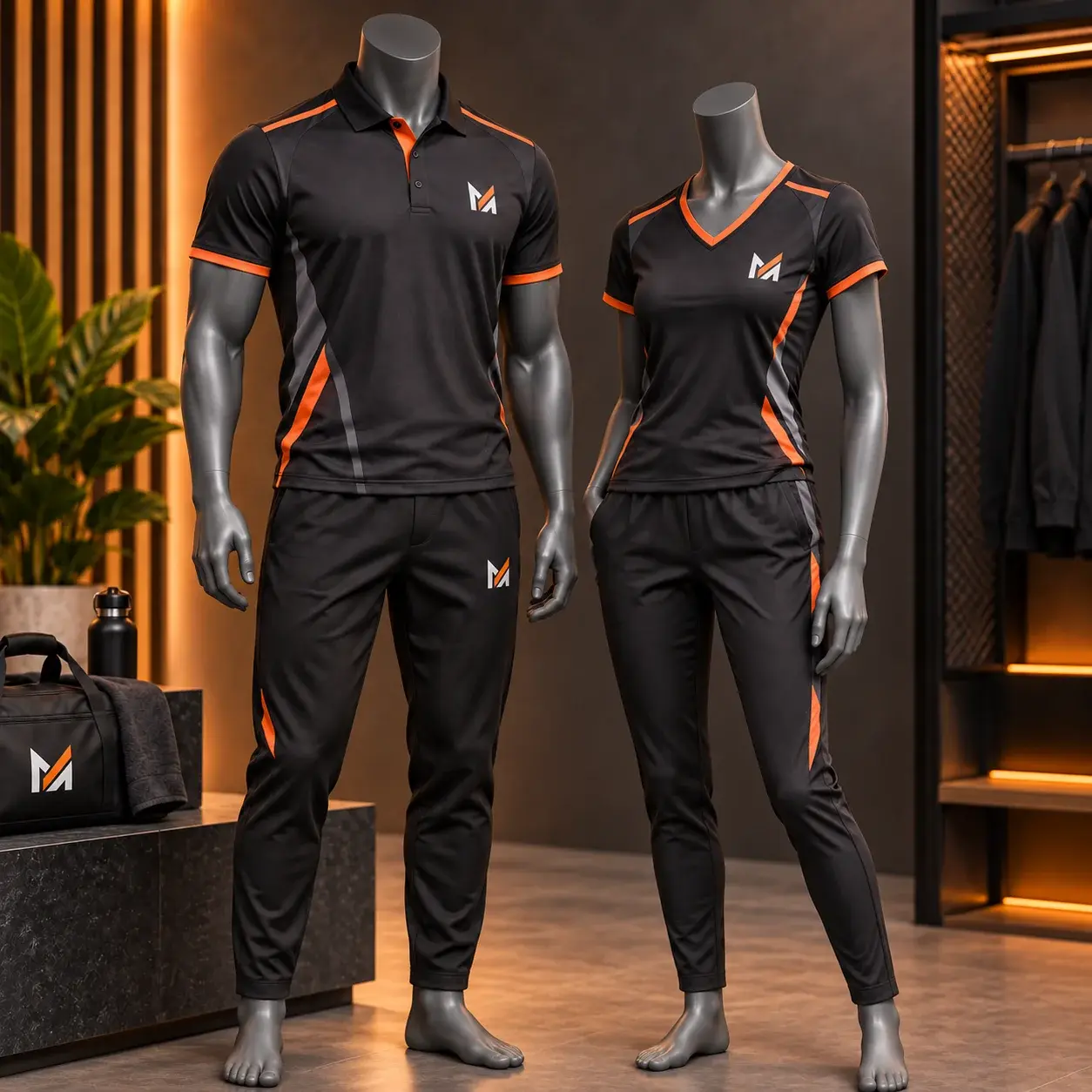 Men’s and women’s custom black sports uniforms with orange and gray accents displayed on mannequins, featuring visible Mega Apparel logos in a modern apparel showroom.